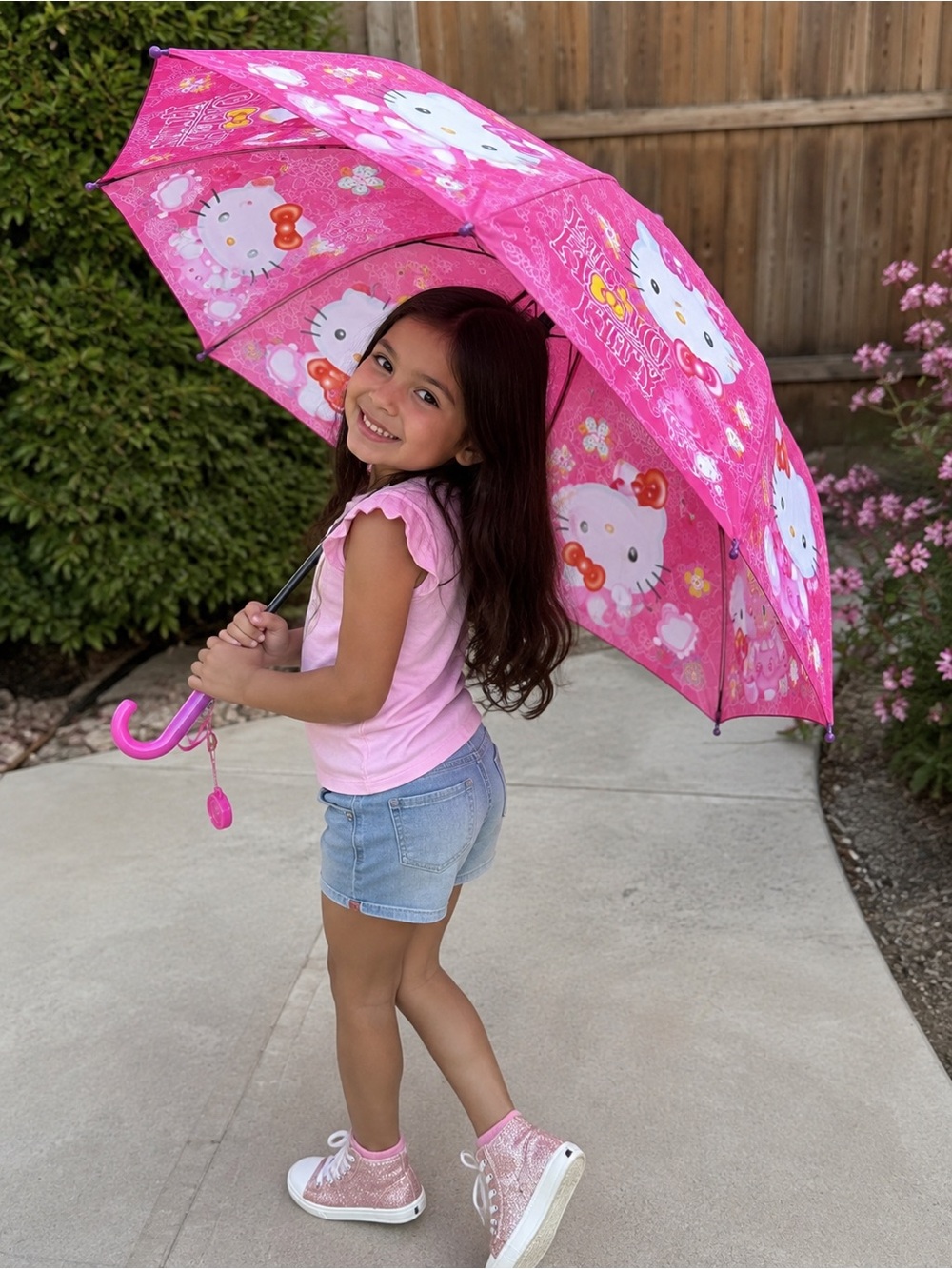 Hello Kitty Pink Purple Full Size Umbrella Curved Handle Whistle Details New